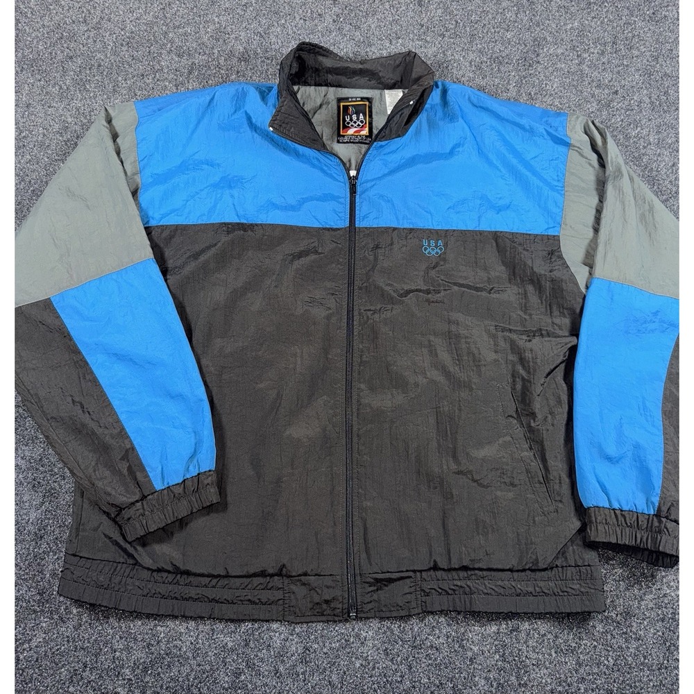 Vintage USA Olympics Windbreaker Jacket Colorblock Black Blue Gray‎ Size Large